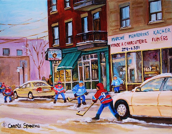 St. Viateur Bagel with boys playing hockey by CAROLE SPANDAU St. Viateur Bagel with boys playing hockey by CAROLE SPANDAU